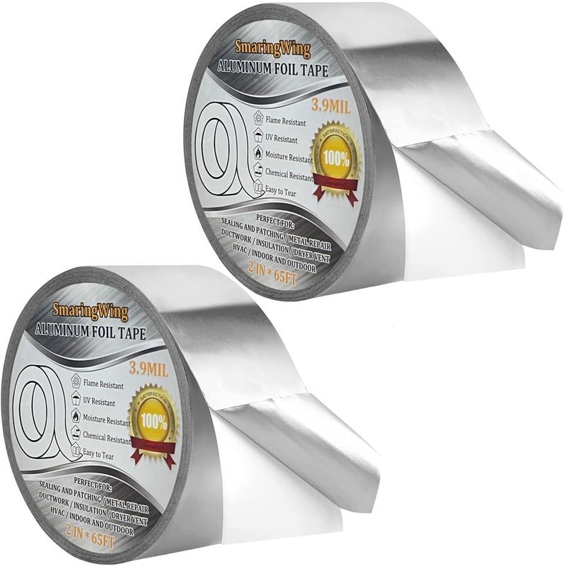 SmaringWing 2PCS Premium Aluminum Foil Tape, Silver Metal Duct Tapes (2" x65Feet,3.9mil) with Adhesive Backing, High Temperature Heavy Duty Insulation Tape for Air Ductwork, Dryer Vents, HVAC, Sealing & Patching - Image 1